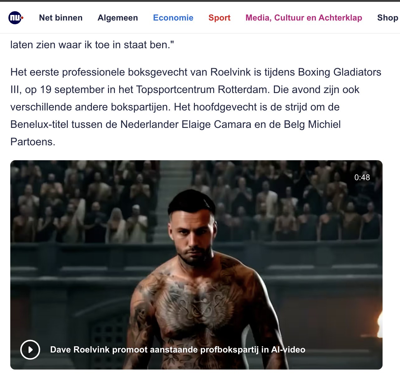 NU.nl artikel over de AI-promo voor Dave Roelvink